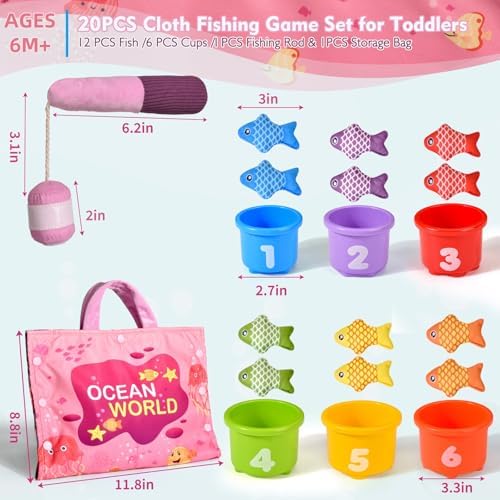 Montessori Toys for 1 Year Old - 20PCS Cloth Toddler Pink Fishing Game with Stacking Cups,Baby Color Sorting Toy 12-18 Months One Year Old Birthday Gift,Best Easter Gifts for 1-3 Year Olds - Image 6
