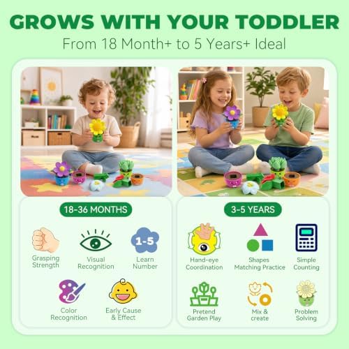 Montessori Flower Garden Building Toy for Girls & Boys, Toddler Gardening Set with 5 Shape & Number Flowers, Preschool Learning Matching & Stacking Game, Sensory Toys Gifts for 1 2 3 Year Old - Image 5