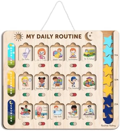 My Daily Routine Chart for Kids 11x13 Inch – Wooden Chore Chart with Visual Cards, Morning Afternoon Evening Schedule Board, Sliding Tracker & Star Reward System for Toddlers & Preschool Learning by TinyKidz
