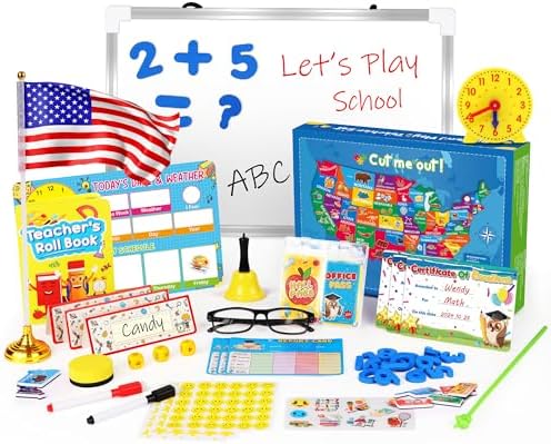 UOMTFAI Pretend Play Teacher Set, Kids Pretend Teacher Playset with Whiteboard Learning Clock Magnetic Numbers and Map Puzzles, Pretend Play Teaching Toys Learning Education Toys for Kids by UOMTFAI