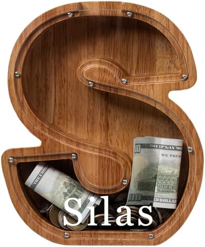 Personalized 12" Extra Large Wooden Letter Piggy Bank for Kids Boys Girls, (Laser Engraved Name) Custom Initial Letter Shape Piggy Bank, Alphabet Coin Bank Grandchildren Birthday by Ladenk