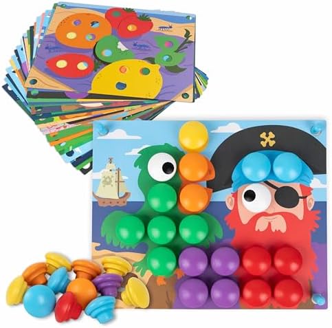 BONNYCO Button Art Toy with 50 Templates and 32 Buttons. Color Matching Peg Board for Kids, Montessori Toys for 2 Year Old, Wooden Puzzle for Toddlers 1-3, Baby Learning Games, Stem Educational Gift by BONNYCO
