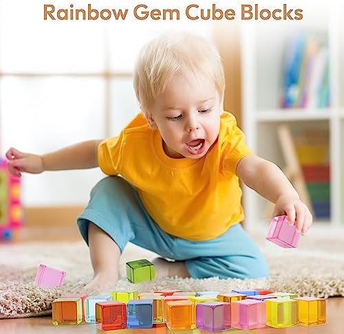 Woodtoe 36 PCS Rainbow Acrylic Gem Blocks, Wooden Blocks for Kids Ages 3-6 - Image 2