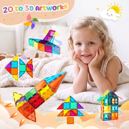 FNJO Magnetic Tiles, 110PCS Magnet Building Set, Magnetic Building Blocks, Construction STEM Learning and Playing Toys for Kids, Montessori Toy for Preschool Boys Girls - Image 3