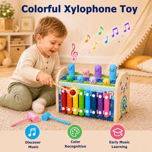 4-in-1 Wooden Hammering Toy with Xylophone, Clock and Gears, Ages 3+ - Image 3