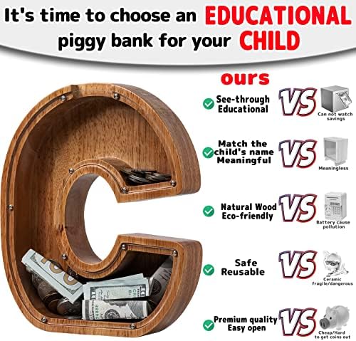 Piggy Bank for Kids Boys Girls, Wooden Large Letter Piggy Bank Alphabet Money Bank with Initial C, Coin Bank Fun Gifts for Birthday, Christmas, Festival, Baby Shower - Image 3