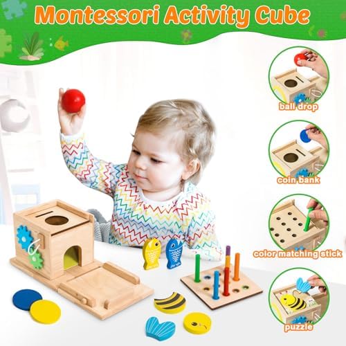 HUZU 8-in-1 Montessori Wooden Activity Cube Toy Set, Toddler Learning - Image 3