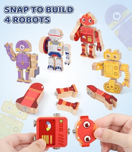 Fine Motor Building Robot Blocks for 3 4 5+Years Kids, Wooden Snap Builders - Image 2