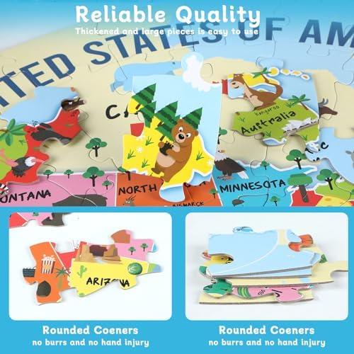 2 Sets World Puzzle United States Map Puzzle with Poster World and US Geography Jumbo Round Floor Puzzles Jigsaw for Kids Ages 3-5 Educational Learning Toys Puzzles Valentines Birthday Gift 70 Pieces - Image 3