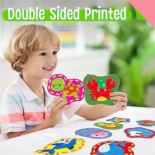 9 Pieces Kids Lacing Cards, Double Sided Sewing Cards in 9 Marine Animal Cards with 9 Colorful Laces, Imagination Development Lacing Toys Games for Children Educational and Learning Activity - Image 4