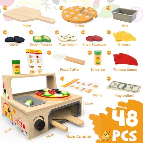 WOODMAM Wooden Pizza Toy, 48 PCS Montessori Pretend Play Food for Ages 3+ - Image 2