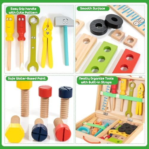 Wooden Kids Tool Kit, Montessori Tool Set Toys for Boys Girls 3+ - Image 5