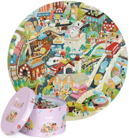 boppi Round 150 Piece Jigsaw Puzzle for Kids Aged 5-8 | Educational City Life Puzzle with Buildings, Vehicles & People | Eco-Friendly Recycled Cardboard by IndoorOutdoorKidsToys