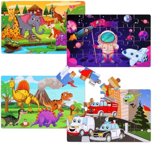 Wooden Puzzles Toys for Kids Ages 3-5, Set of 4 Packs Dinosaur, Space, Transportation Wood Puzzles, Preschool Brain Teaser Toys for Boys and Girls 3 4 5 6 Years Old - Image 2