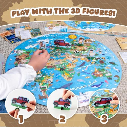 BONNYCO Giant Floor Puzzles for Kids World Map with 70 Large Pieces. Round Globe Puzzle with Animals, 23 x 23 in, 15 Cards, 4 3D Figures, Guide. Learning Gifts, Toys for 4 Year Old Boys - Image 4