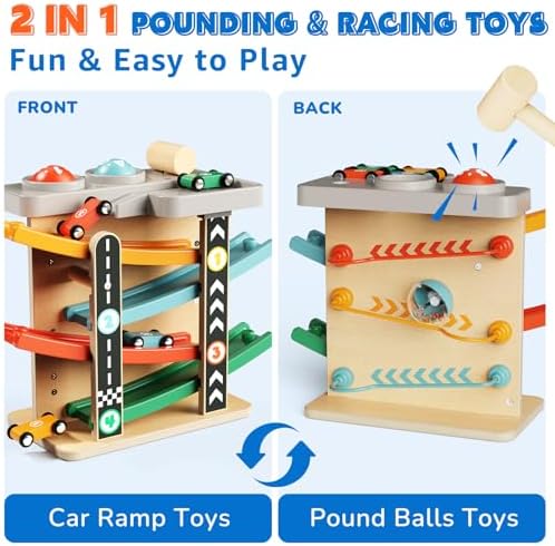 Wooden Car Ramp Race Track 2-in-1 Pound Ball Toddler Toy Ball Drop Baby Toy Set Gift for 1 2 3 Year Old Boys Girls Montessori Developmental Learning Activity Interactive Birthday Present - Image 2