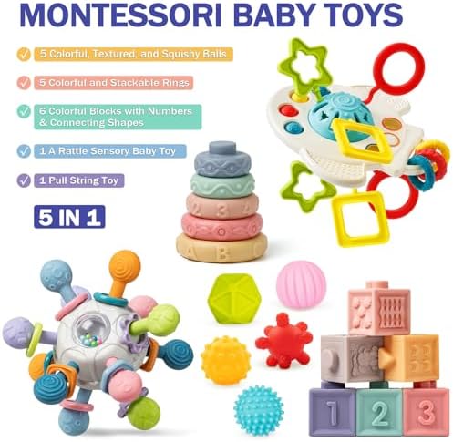 Baby Toys 6 to 12 Months, 5 In 1 Montessori Toys for 1 Year Old, Incl Travel Pull String Toy & Rattle Teether & Stacking Baby Block & Soft Infant Ring & Sensory Ball for Toddler 0-3-6-9-12 Month - Image 3
