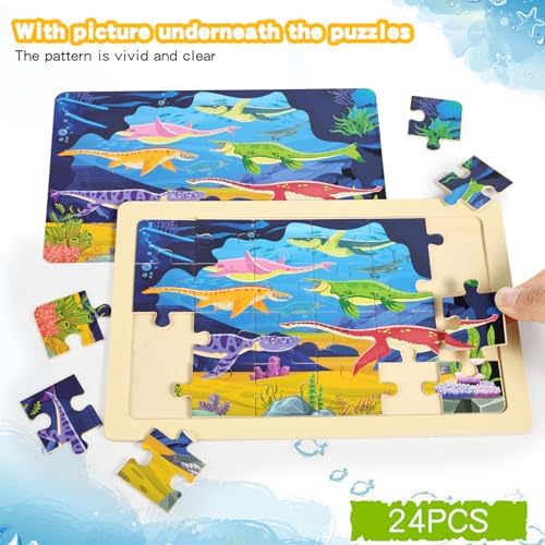 Wooden Puzzles Dinosaur Toys for Kids Ages 3-5, Set of 4 Packs with 24-Piece Wood Jigsaw Puzzles, Preschool Educational Brain Teaser Boards for Boys and Girls 3 4 5 6 Years Old - Image 3