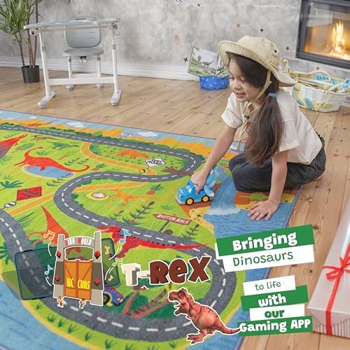 KC Cubs 5x7 Dinosaur Toy Car Dino Road Rug – Educational Play Mat Carpet for Kids, Toddlers, Nursery, Classroom, Playroom, Baby Daycare, Boys & Girls - Image 2