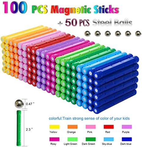 150Pcs Magnetic Building Sticks Blocks Toys, 2.3" Length Magnet Educational Toys Set for Kids and Adult, STEM Building Toy 3D Non-Magnetic Balls with Storage Bag - Image 2