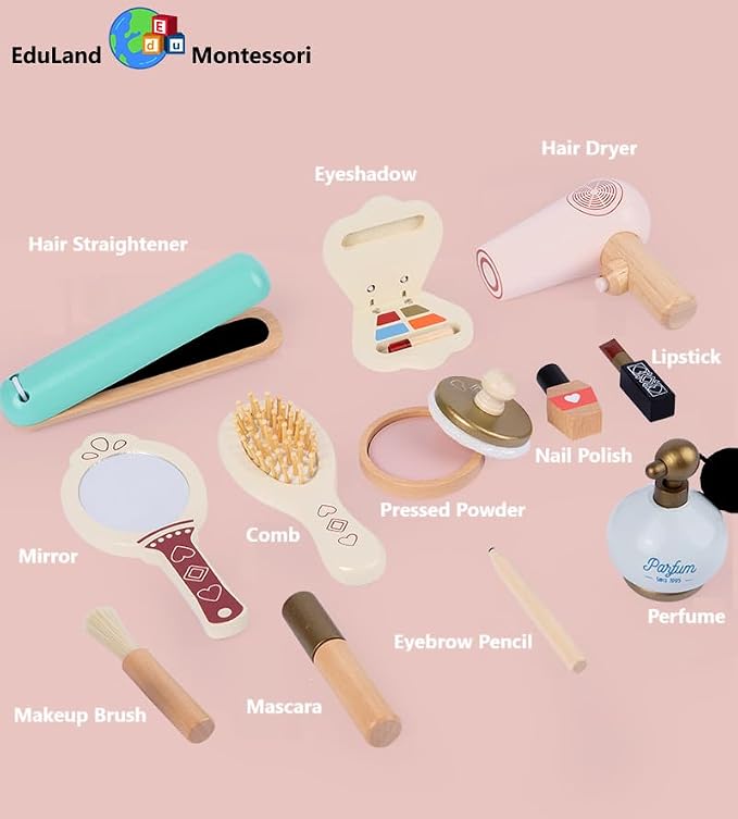 Practical Life Care of Self Wooden Makeup Toy Set 12-Piece Girls Imaginative Dress up Pretend Play Beauty Bag Makeup Set Toy for Girls Birthday Gift Ages 3 4 5 6 7 8+ Years Old - Image 3