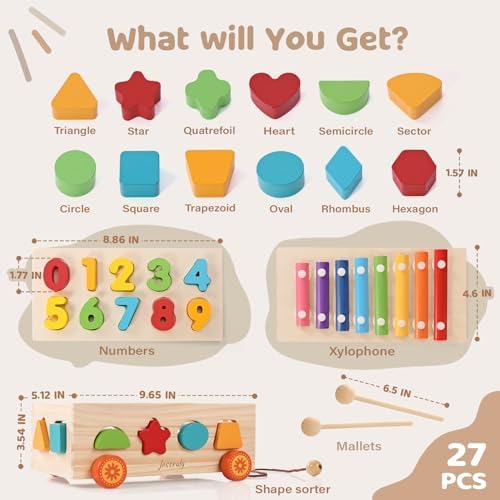 Shape Sorter - Wooden Xylophone and Montessori Number Puzzle Set for Babies - Educational Sorting Game with Storage Car for Toddlers - Image 2