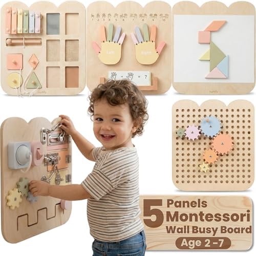 5 Panels, Wall Busy Board for Toddlers 2–7, 25-in-1 Montessori Wall Activity Board, Wooden Busy Board Wall Mounted, Sensory Wall Panel for Kids, Toddler wall Activity, Large Modular System by nurtify%E2%84%A2