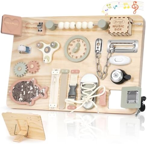 Joyreal Montessori Large Busy Board with Stand, Montessori Sensory Toys for Fine Motor Skills, Wooden Fidget Activity Board for Toddlers, Gifts for Boys Girls (Large Neutral) by Joyreal