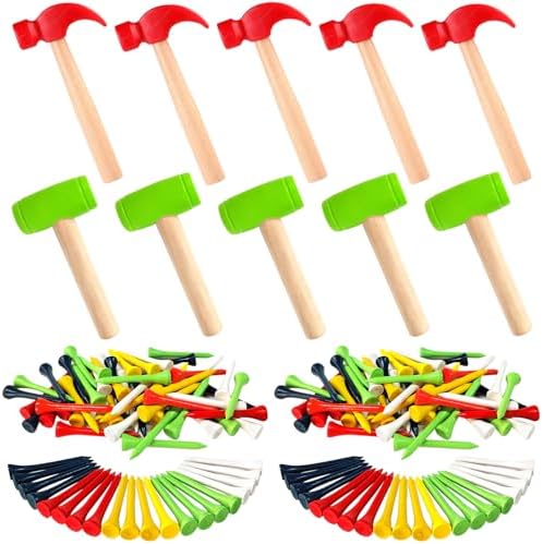 10 Pcs Kids Wooden Hammer Toy with 100 Pcs Colorful Wood Golf Tees, Small Plastic Hammer Simulation Hammers Educational Toys for Children Gift Birthday Party (Red and Green) by AIHSUMC