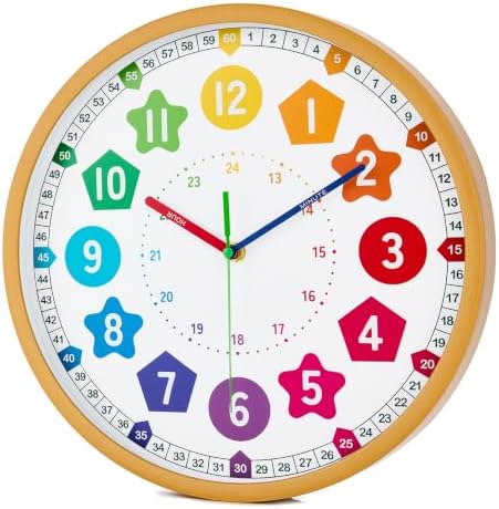 HZDHCLH Kids Wall Clock for Learning to Tell Time 8 Inch Silent Non Ticking Analog Clock with Colorful Shape Numbers Battery Operated Educational Clock for Classroom, Bedroom,Homeschool(Wood Grain) - Image 2