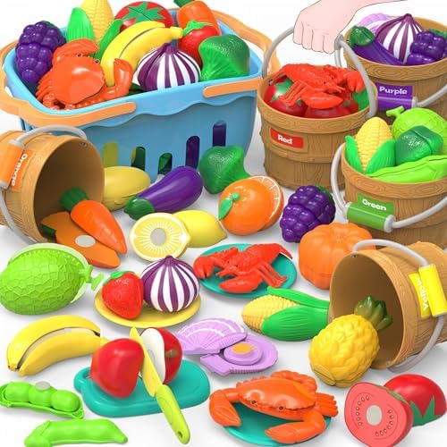 Play Food Toys with Shopping Storage Basket, Cutting Food Sorting Toy by MOEAWS