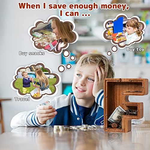 Personalized Large Wooden Kids Letter Piggy Bank - (Laser Engraved) Custom Piggy Bank for Boys Girls - Wooden Banks with Initials - Alphabet Money Box Bank Birthday Letter F Bank - Image 5