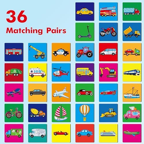 Hebayy Vehicle Matching Game, 72 PCS Traffic Memory Matching Cards for Toddlers 36 Pairs Transportation Memory Cards Educational Toys for Preschool Boys & Girls 4 5 6 Years Old - Image 2