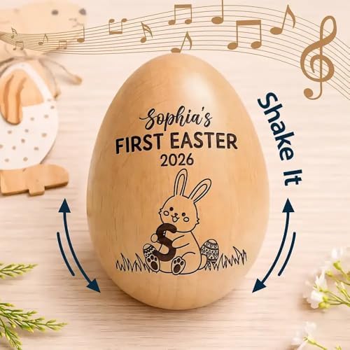 Personalized First Easter Musical Easter Egg Shaker for Babies, Bunny Laser Engraved Engraved Wooden Egg Shakers, Easter Basket Stuffer - Image 3