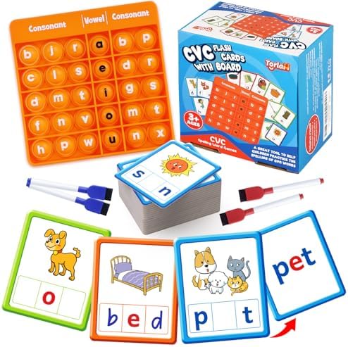 Torlam CVC Word games Phonics Games Sight Words Flash Cards, Spelling Reading Learning Flashcards, Speech Therapy Toy Preschool Kindergarten Classroom Learning Activities Must Have Homeschool Supplies by Torlam