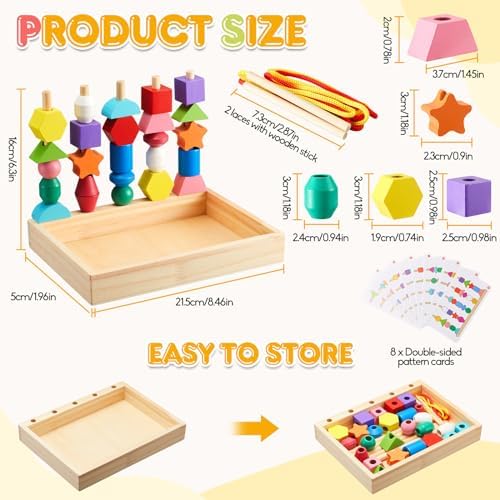 Montessori Wooden Toys, Lacing Beads & Stacking Block & Matching Shape Stacker, Montessori Wooden Beads Sequencing Toy Set, STEM Preschool Learning Toy Birthday Gift for 2 3 4 Year Old Toddler Gifts - Image 4
