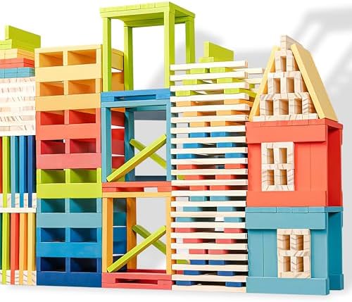 Premium 300 Pcs Rainbow Wooden Building Planks Kit, Open-Ended Creative Building Blocks Set for Kids Ages 3-12,Colorful Pine STEM Construction Toys - Educational Sorting & Patterning Gift (4.65 in) - Image 5