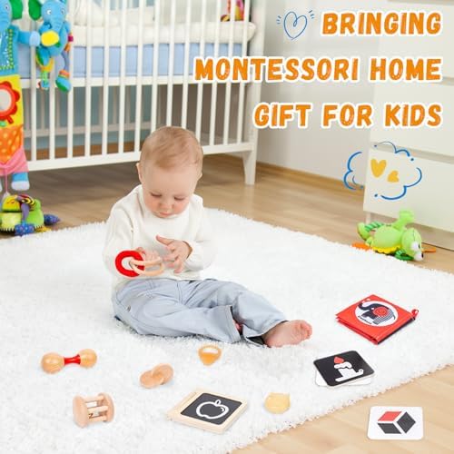Adena Montessori Play Kit for 3-4 Months Baby,8 in 1 Wooden Learning Educational Toys for Toddler,Include Framed Mirror Book,High-Contrast Cards and More,Christmas Birthday Gift for Boys Girls - Image 6
