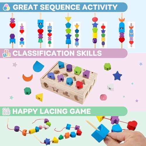 3 in 1 Montessori Wooden Beads Sequencing Toy Set Color Sorting Stacking Geometric Shape Matching Game Beads Sequencing Toy Lacing Beads Stem Fine Motor Skills for Toddlers - Image 3