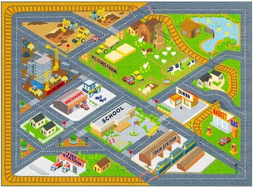KC Cubs 5x7 Country Farm Construction Car Road Street Rug – Educational Carpet Play Mat for Kids, Toddlers, Nursery, Classroom, Playroom, Baby Daycare - Image 2