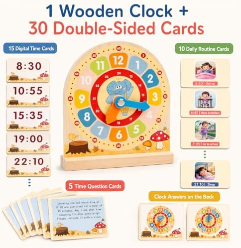 Busaurus Wooden Teaching Clock with 30 Cards for Kids - Image 2