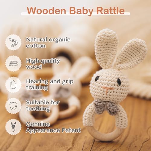 Handmade Crochet Easter Bunny Wooden Baby Rattle Toy for 0-6 Months - Organic Stuffed Animal for Newborn - Image 2