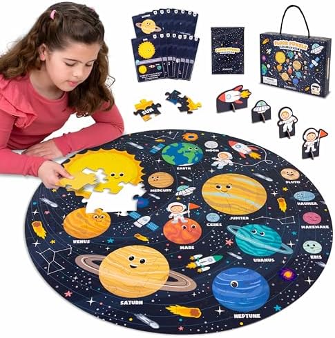 BONNYCO Giant Floor Puzzles for Kids Solar System with 70 Large Pieces. Round Space Puzzle with Planets, 23 x 23 in, 15 Cards, 4 3D Figures, Guide. Learning Gifts, Toys for 4 Year Old Boys by BONNYCO
