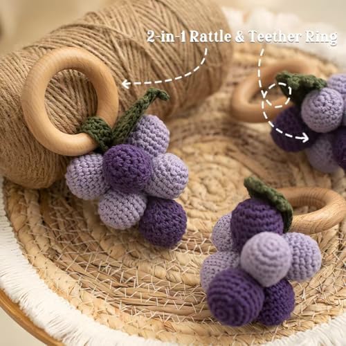 Wooden Baby Rattle Toys Stuffed Crochet Rattle with Teether Ring for Newborn Babies Fruit Wooden Teether Toy Infant Toddler Handcrafted Crochet Rattles Cute Shower Gifts for Boy and Girls - Image 4