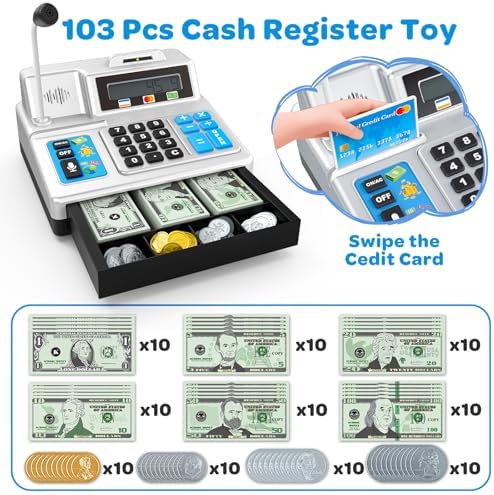 Calculator Cash Register - 103 Pcs Toy Cash Register, Store Set with Microphone, Credit Card and Banking for Kids, Toddler Math Learning Toys, Preschool Gifts for 3, 4, 5, 6, 7, 8+ Years Old Boy Girl - Image 2