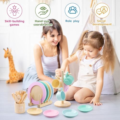GAGAKU Kids Wooden Play Dishes Set -27Pcs Montessori Play Kitchen Accessories Plates and Bowls Set, Storage Stand & Play Food, Pretend Cooking Toys for Ages 3-5, Educational Gift for Toddler - Image 6