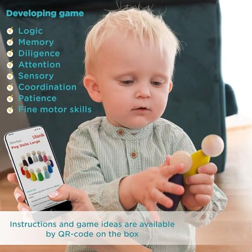 Ulanik Large Peg Dolls for Sorting Toddlers Montessori Toys for 1+ Year Old Baby Dolls Wooden Games for Learning Color Sorting & Counting — 12 Gnomes - Image 4