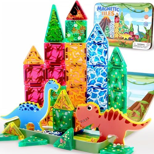 Travel Magnetic Tiles for Toddler Boys Kid, 36PC Mini Dinosaur Sets Airplane Restaurant Road Trip Activities Car Toys for Age 3 4 5 6 7 8 Year STEM Magnet Blocks Easter Basket Stuffers Gifts by Unknown