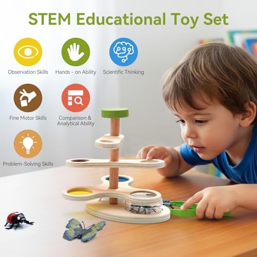 Insect Observation Kit for Kids, Multi-Magnification Rotating Viewer with Color Filters, Wooden STEM Nature Exploration Science Toy with Tweezers, Petri Dish and 6 Insect Models, Gift for Ages 4-8 - Image 5