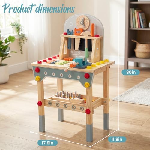Kids Tool Bench with 86Pcs Accessories, Wooden Toddler Workbench for Boys Girls Age 3-5, Pretend Play Construction Tools Set with Saw Hammer Wrench Chalkboard & Large Storage - Image 3